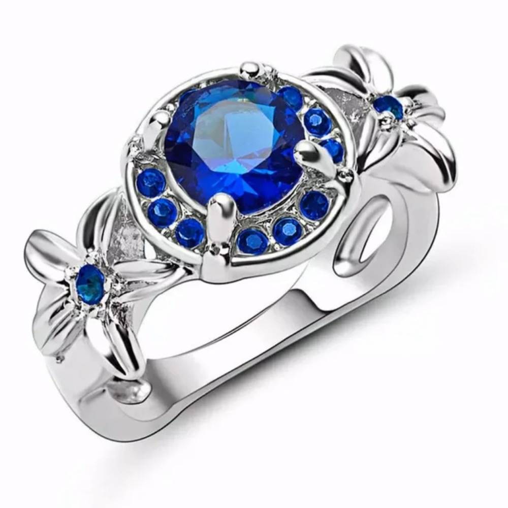 Blue Sapphire 18K White Gold Filled Flower Ring 6